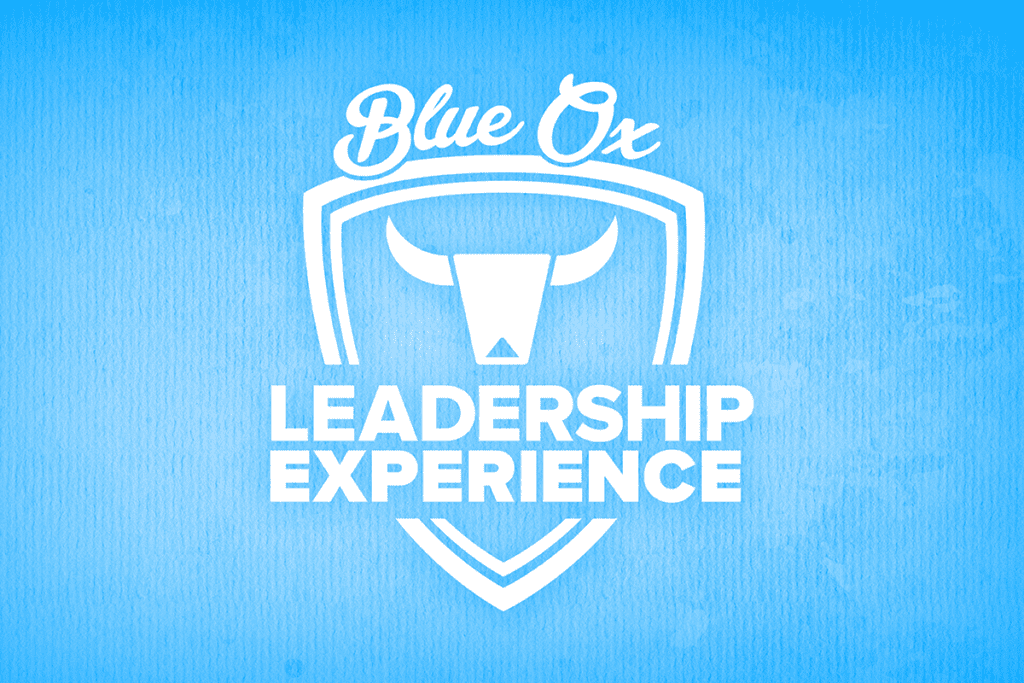 White Leadership Experience Logo over Blue Distressed Background