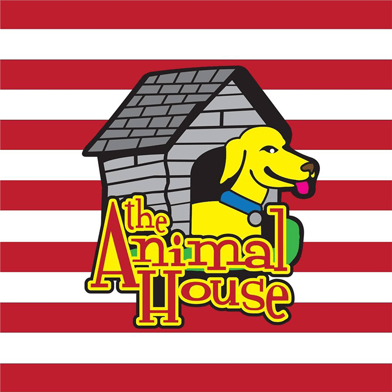 The Animal House logo on Red and white stripped background Square Image