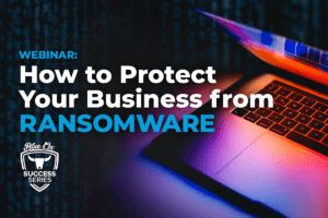 Computer with Colors reflecting off surface with How to Protect Your Business from Ransomware text overlay