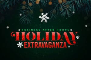 Graphic Image with Holiday Extravaganza red logo on top of black background with pine tree boughs and snow falling