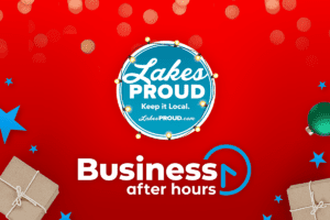 Graphic image of the blue Lakes Proud logo and Business After Hours logo on a red background with images of presents and stars surrounding the edges