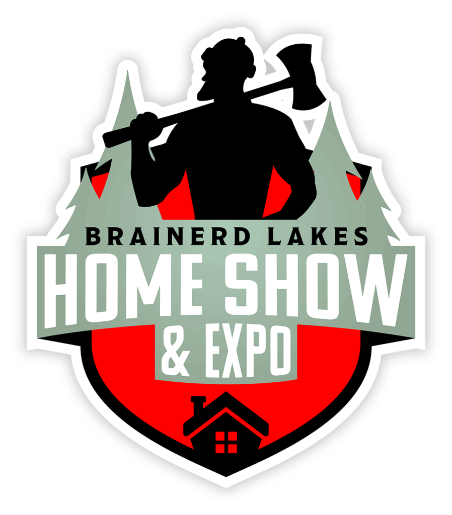 Graphic Image of Brainerd Lakes Home Show and Expo logo with Paul Bunyan Icon and a Cabin Icon with Pine Trees and white outer stroke
