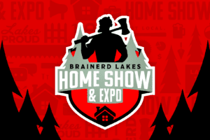 1200x800 Graphic Image of Brainerd Lakes Home Show and Expo logo with Paul Bunyan Icon on a Red Background with icons faded into back