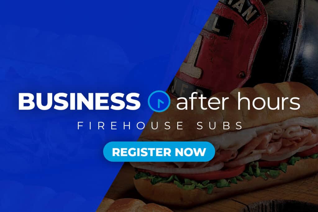 Photo of several sub sandwiches by a fireman's helmet from the restaurant Firehouse Subs with Business After Hours white logo and registration button on top with blue overlay on half of graphic