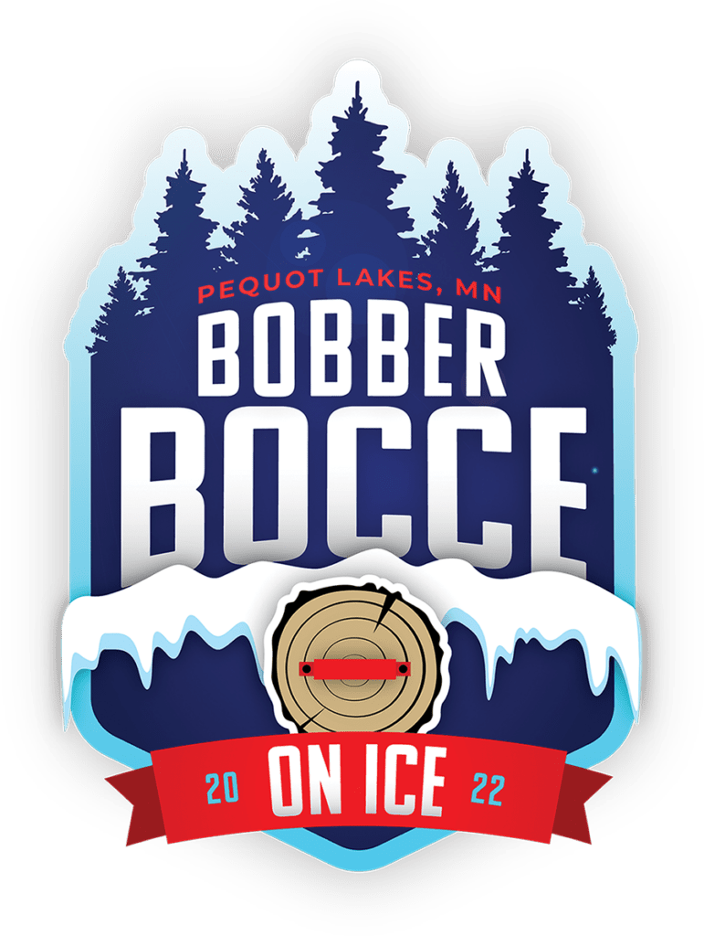 Graphic logo of Bobber Bocce On Ice Blue, white, and red