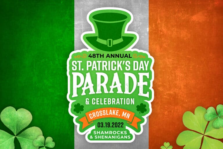 Graphic Image of White, Green, and orange St. Patrick's Day Parade logo with the green, white, and orange Irish flag in the background and shamrocks