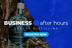 Graphic Image with a photo of a bottle of vodka on a wood stump in background with half of the image covered in royal blue with Business After Hours white logo and registration button on top