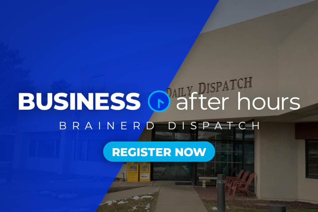Graphic Image with background photo of Brainerd Dispatch building in background with half of the image covered in royal blue with Business After Hours white logo and registration button on top