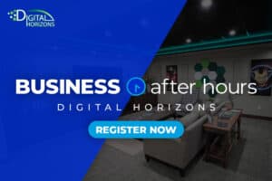 Interior photo from Digital Horizons of high-tech meeting space set up as a living room with Business After Hours white logo and registration button on top with blue overlay on half of graphic
