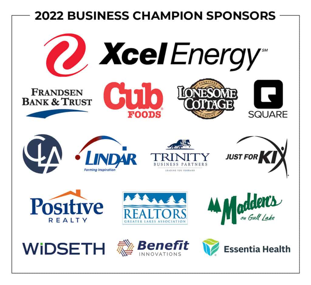 Graphic image of 16 business logos for the 2022 Business Champion Sponsors