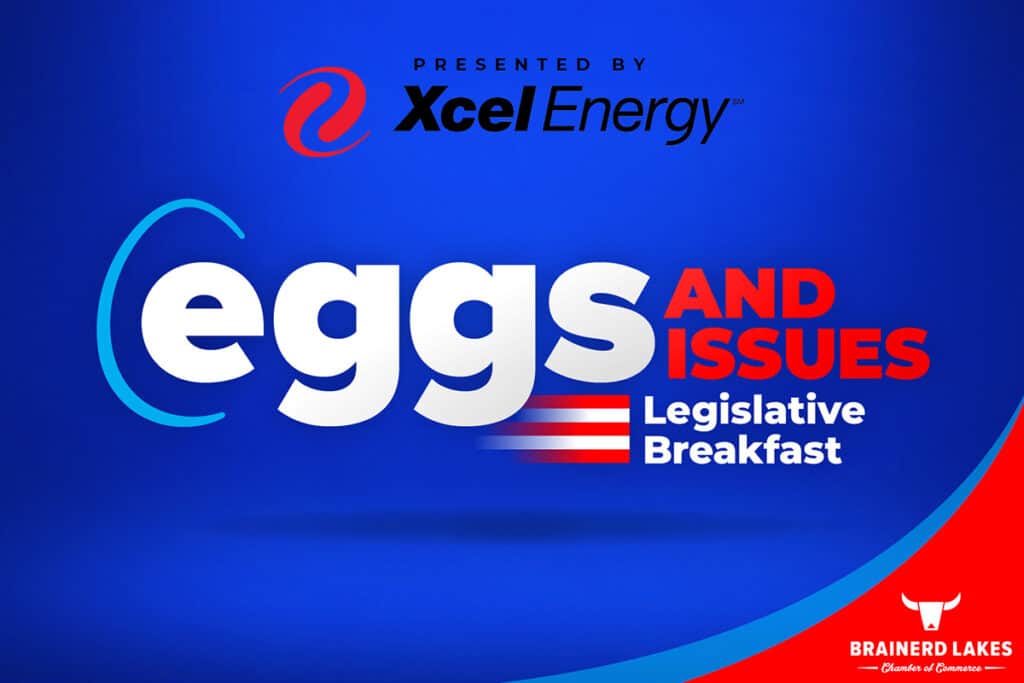Blue graphic image with white, red, and light blue Eggs & Issues Legislative Breakfast logo in foreground