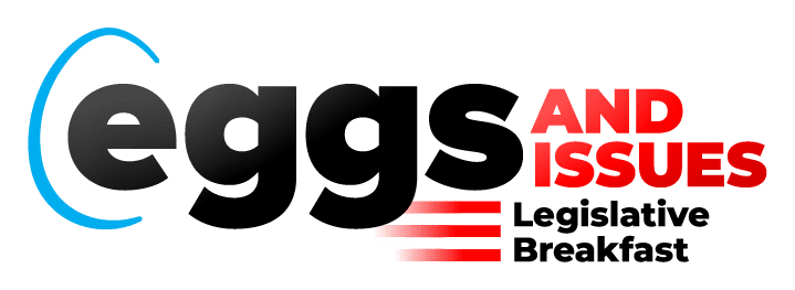 Graphic image with black, red, and light blue Eggs & Issues Legislative Breakfast logo