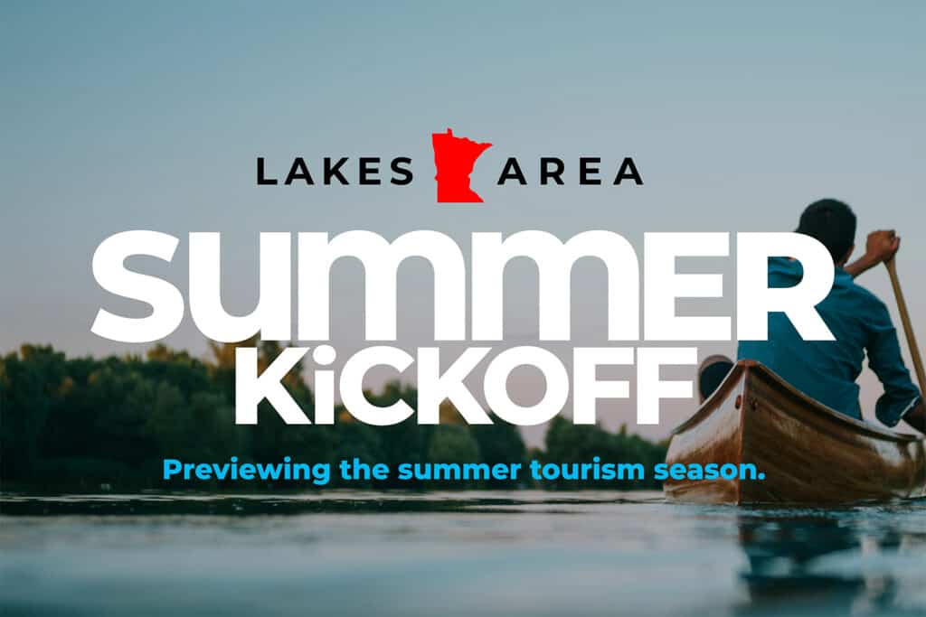 Photo of a person canoeing on a summer day with a Lakes Area Summer Kickoff logo in the foreground