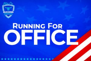 Graphic Image Blue Background with Flag-like stripes in the corner with Running For Office in large white letters in the middle