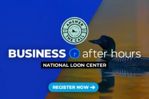 Photo of a loon swimming in water with Business After Hours white logo and registration button on top with blue overlay on half of graphic