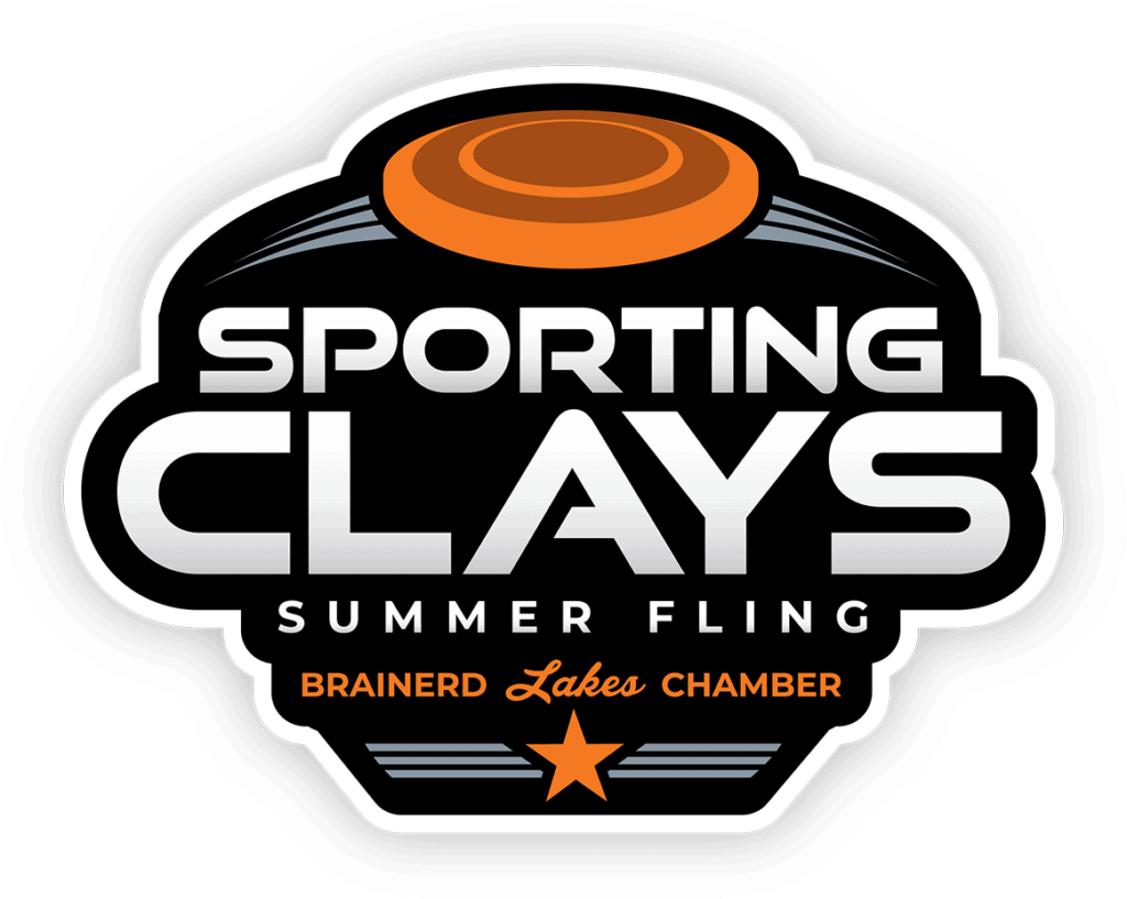 Sporting Clays Logo, white text with black background and orange sporting clay and star graphic