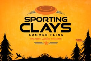 Graphic image of Sporting Clays Summer Fling logo on top of orange background with black silhouette of pine trees and grass at the bottom of the image