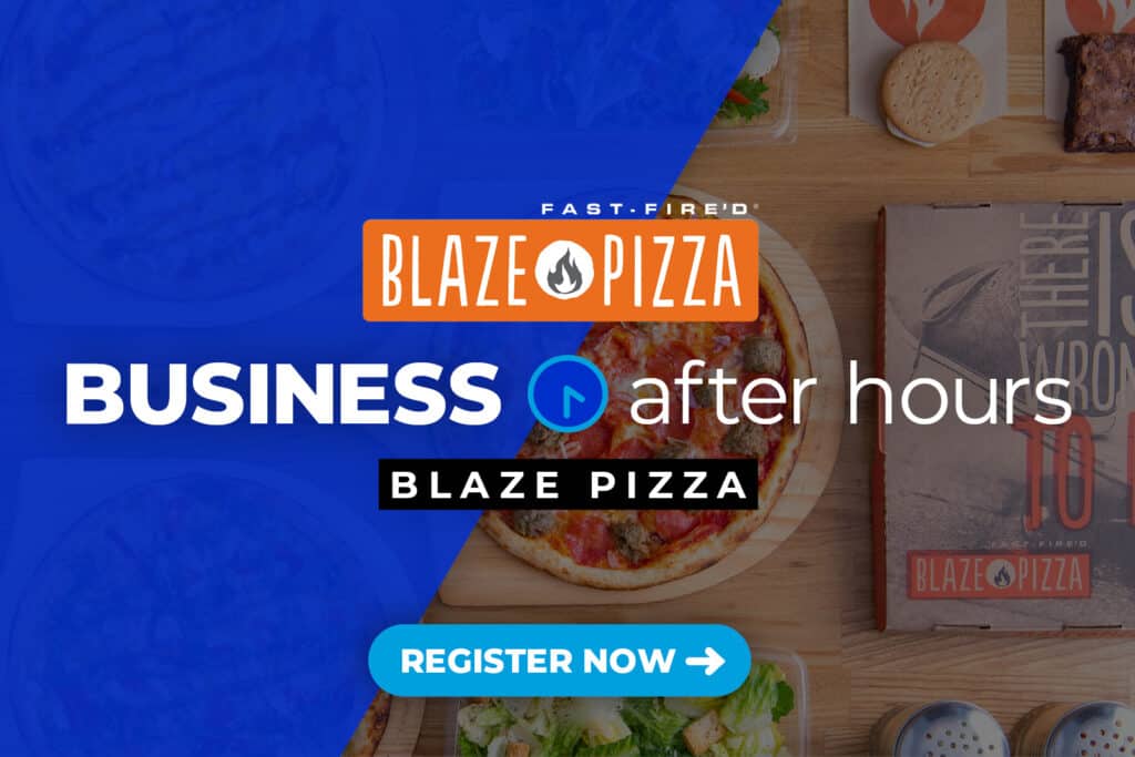 Graphic Image half blue half image of pizza with Business After Hours headline on top