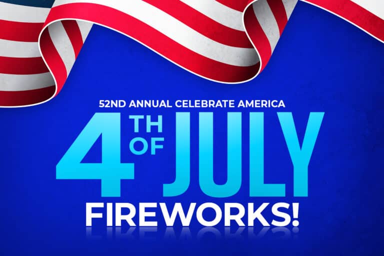Graphic Image with Dark blue background and bottom of an American flag waving at the top with caption 4th of July Fireworks in front center