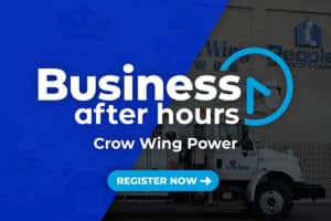 Graphic Image half blue with photo of Crow Wing Power building and truck in the background with Business After Hours headline on top