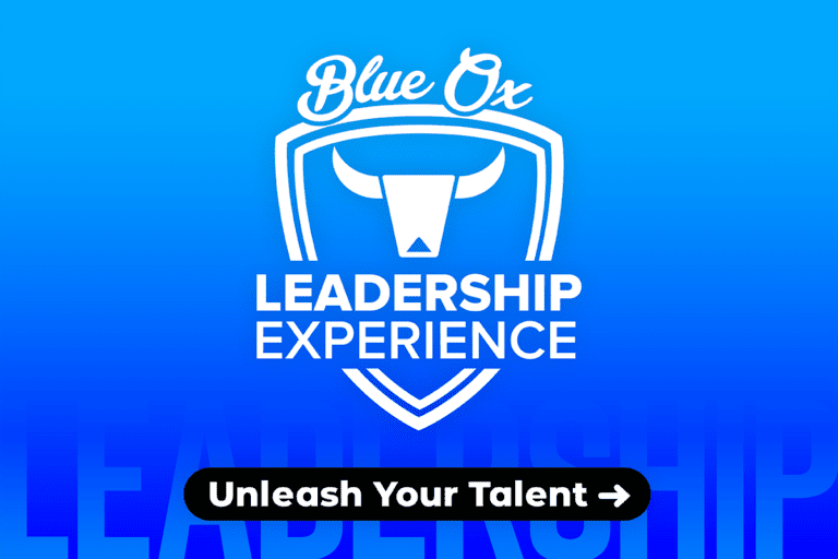 Graphic Background with dark to light blue gradient with faded word Leadership at the bottom with White Leadership Experience Logo on top
