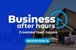 Image of Crosslake Town Square showing a street of shops and people shopping with half the image covered in blue with a with Business After Hours logo on top