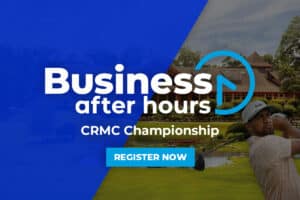Image of a man swinging a golf club at a golf course with the clubhouse in the background on a summer day with half the image covered in blue with a with Business After Hours logo on top