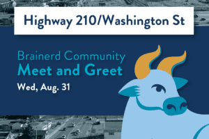 Graphic image of Brainerd Community Meet and Greet headline on top of blue photo of brainerd with an ox illustration in lower right corner