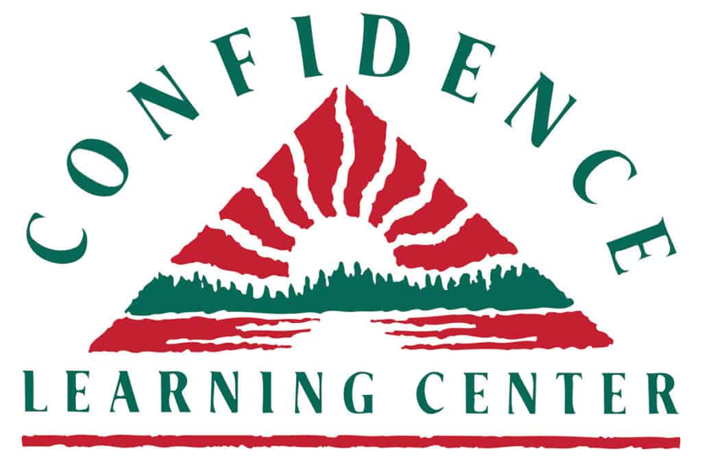 Red and Green Confidence Learning Center logo with triangular graphic of a lake with a sun and trees