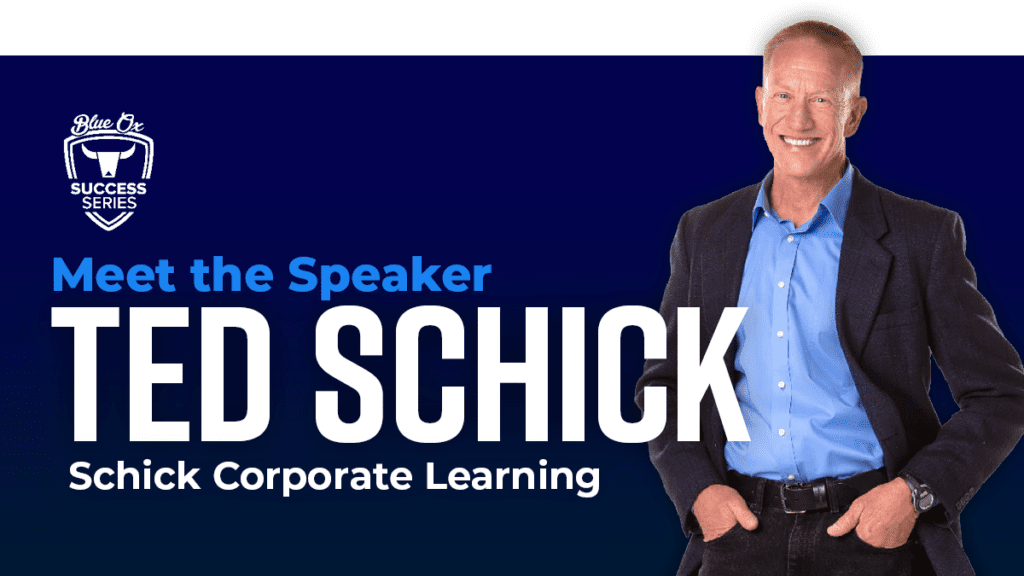 Dark blue graphic image with headline Meet the Speaker Ted Schick on the top with an image of a middle aged man similing on the right hand side