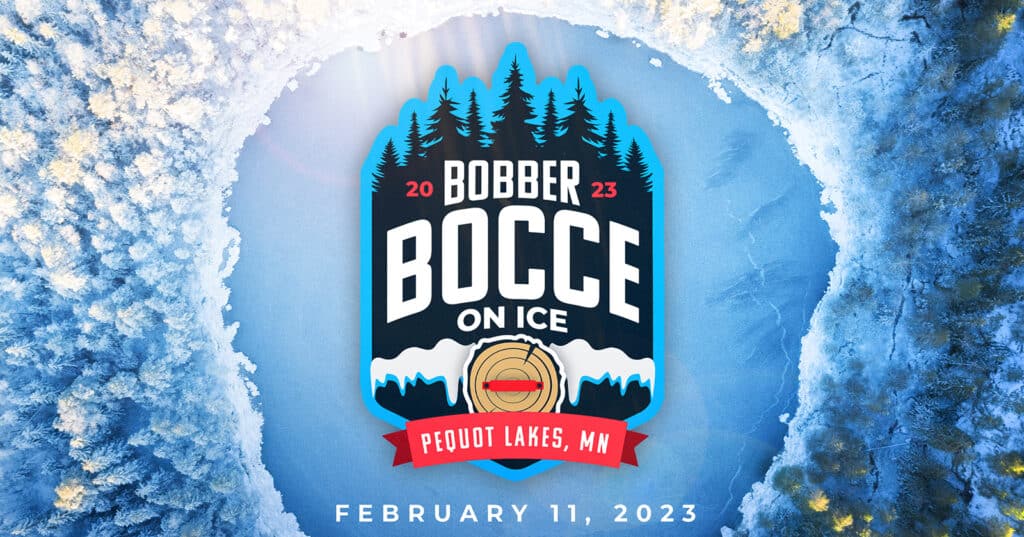 Bobber Bocce on Ice Logo on top of a photo of a frozen lake surrounded by forest
