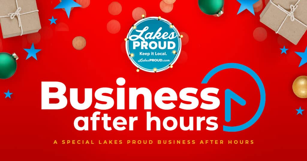 White and Blue Business After Hours Logo and Lakes Proud logo on top of Red Background with blue starts, gift boxes, and holiday ornaments