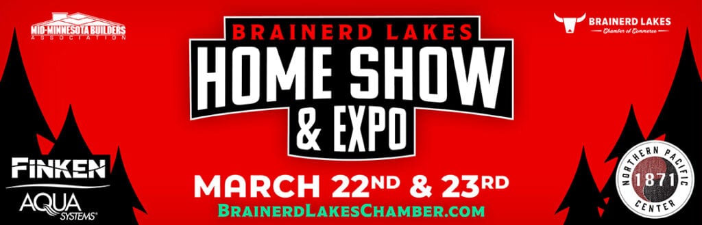 1200x800 Graphic Image of Brainerd Lakes Home Show and Expo logo with Paul Bunyan Icon on a Red Background with icons faded into back