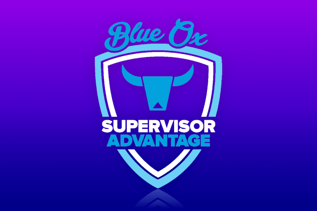 Graphic Image of White and Blue Blue Ox Supervisor Advantage logo on top of Purple and Blug Gradient Background