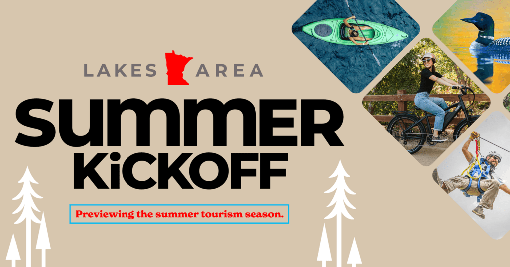 Tan background with collage of photos of people biking, kayaking, and zip lining with a black and red logo saying Lakes Area Summer Kickoff