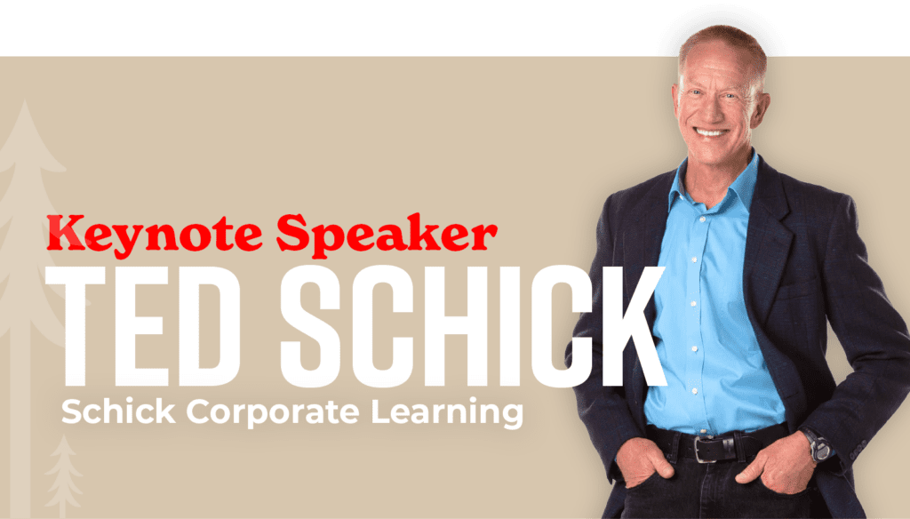 Tan graphic with headline on left side: Keynote Speaker Ted Schick with a photo of a smiling, older man in a suit and blue shirt