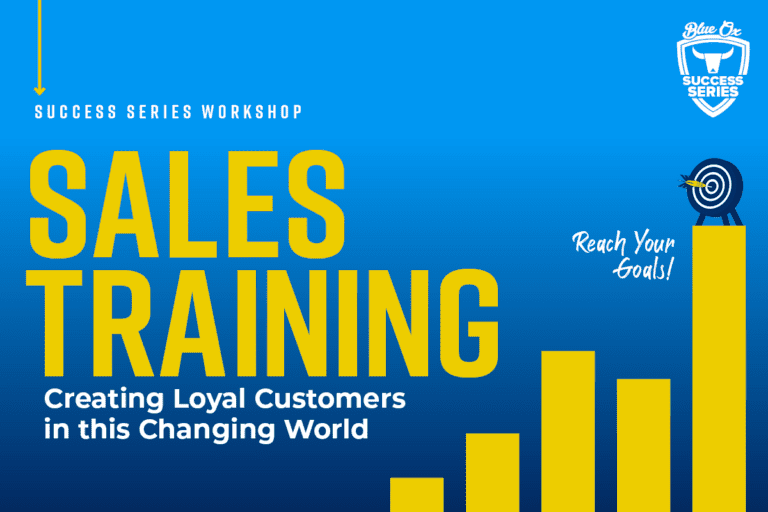 Blue gradient background with large Sales Training heading on the left side with a yellow bar graph in the lower right corner with a little bullseye graphic