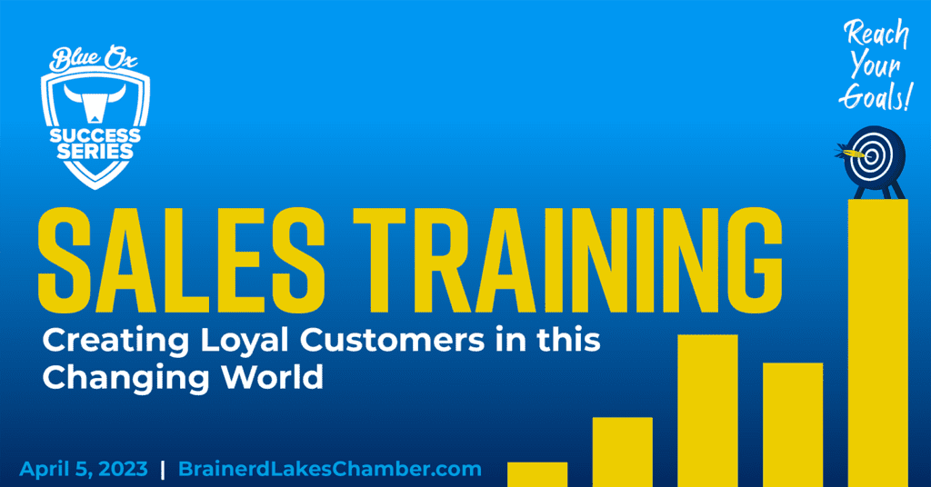 Blue gradient background with large Sales Training heading on the left side with a yellow bar graph in the lower right corner with a little bullseye graphic