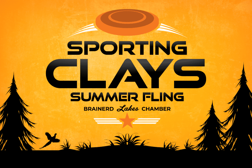 Orange Background with black trees and grass silhouette at bottom with Sporting Clays Summer Fling black logo in the middle center
