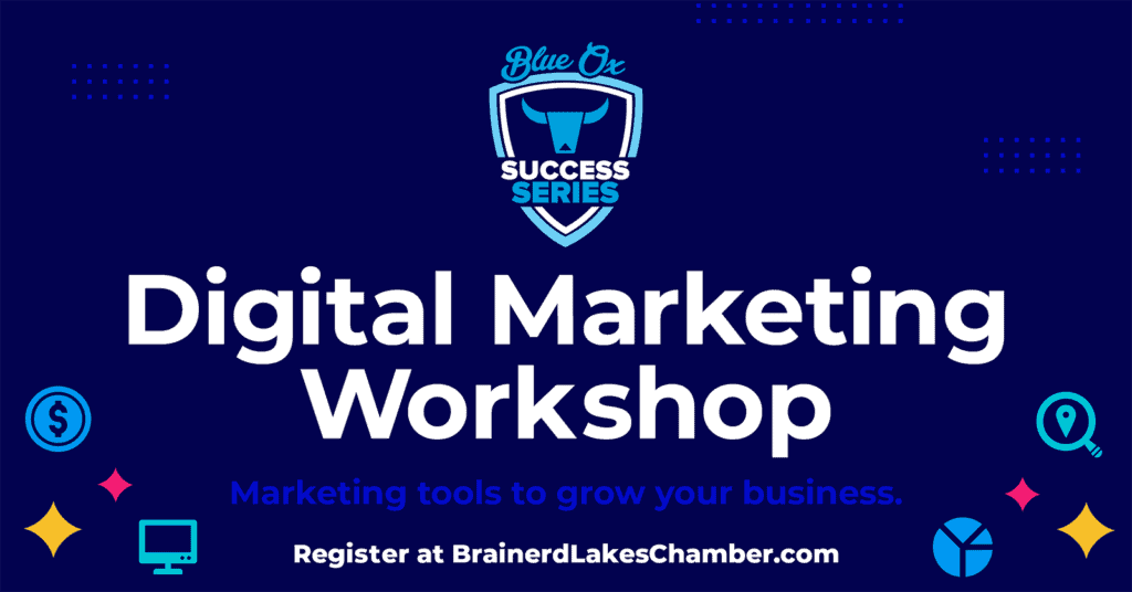 Dark blue graphic background with birght colored marketing icons near the bottom and little star shapes with large white heading "Digital Marketing Workshop"