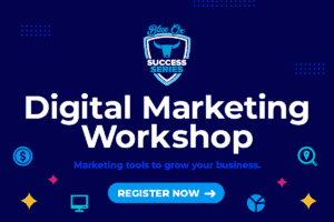 Dark blue graphic background with birght colored marketing icons near the bottom and little star shapes with large white heading "Digital Marketing Workshop"