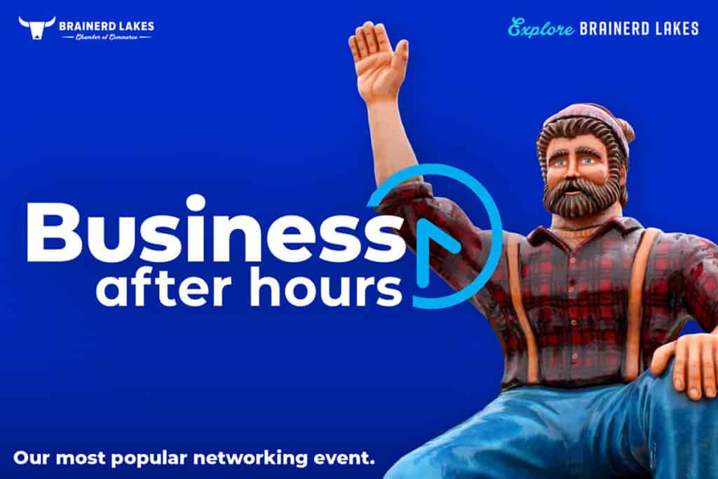Blue graphic with a statue of a waving Paul Bunyan on the right side with a white and blue Business After Hours logo overlayed on top