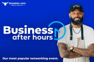 Blue graphic with a smiling, middle aged man wearing a chef apron on the right side with a white and blue Business After Hours logo overlayed on top
