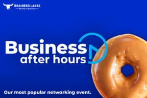 Blue graphic with a large frosted donut on the left side with a white and blue Business After Hours logo overlayed on top