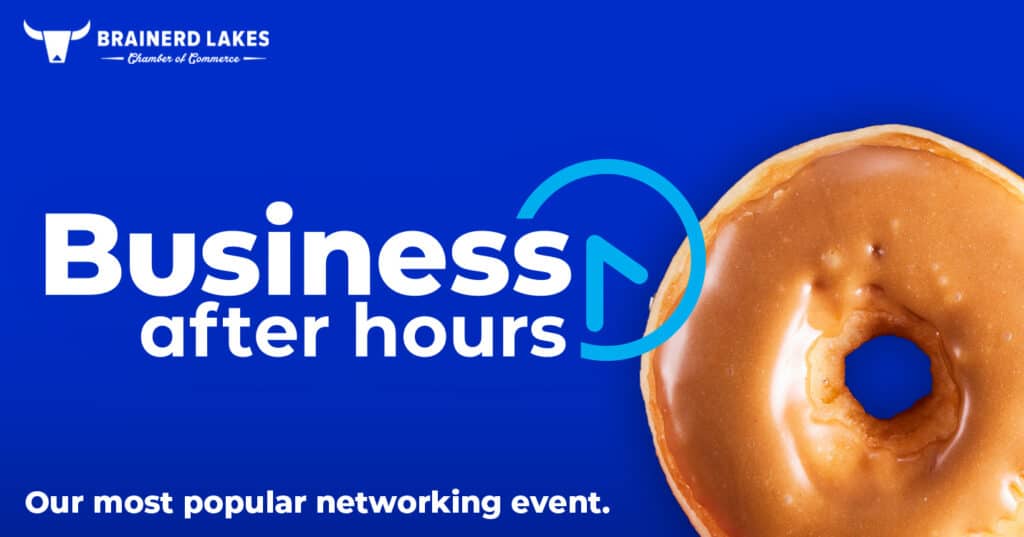 Blue graphic with a large frosted donut on the left side with a white and blue Business After Hours logo overlayed on top