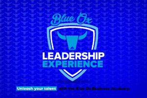 Dark Blue graphic background with white and light blue logo for Leadership Experience