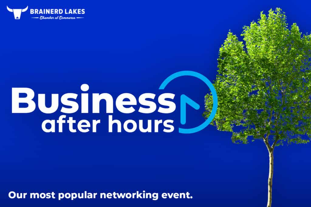 Blue graphic with a large green poplar tree on the left side with a white and blue Business After Hours logo overlayed on top