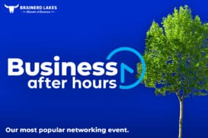 Blue graphic with a large green poplar tree on the left side with a white and blue Business After Hours logo overlayed on top