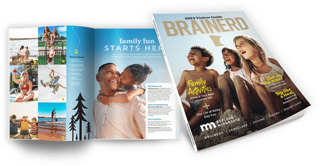 Photo of the 2023 Brainerd Lakes Visitor Guide magazine showing the cover with a photo of smiling children at a beach next to an photo of the open magazine showing a two-page spread with a photo of a dad giving his daughter a piggy back ride