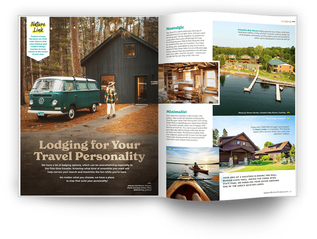 photo of the open magazine showing a two-page spread with a photo of a cute black cabin with someone walking into it and more photos of lodging and an article